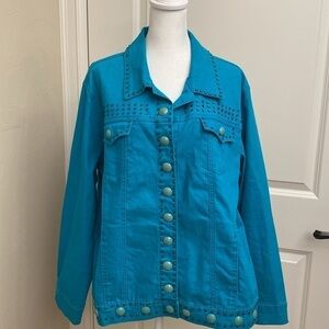 Diane Gilman Embellished Jacket Womens 1X plus size Teal Studded Western cotton